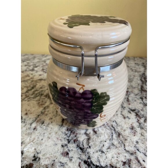 BasicVintage Ceramic Kitchen Canisters Grape Design Metal Clamp Lids Set Of 2 - Picture 5 of 7